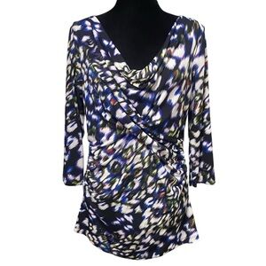 Vince Camuto Abstract Cowl Neck Blouse Black Blue Draped Top Large
